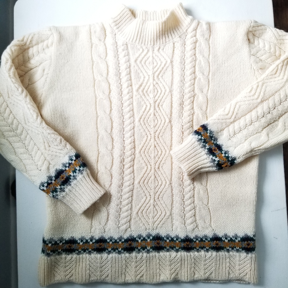 Vintage Wool Cream Cable Knit Mock Neck Shetland Wool Sweater